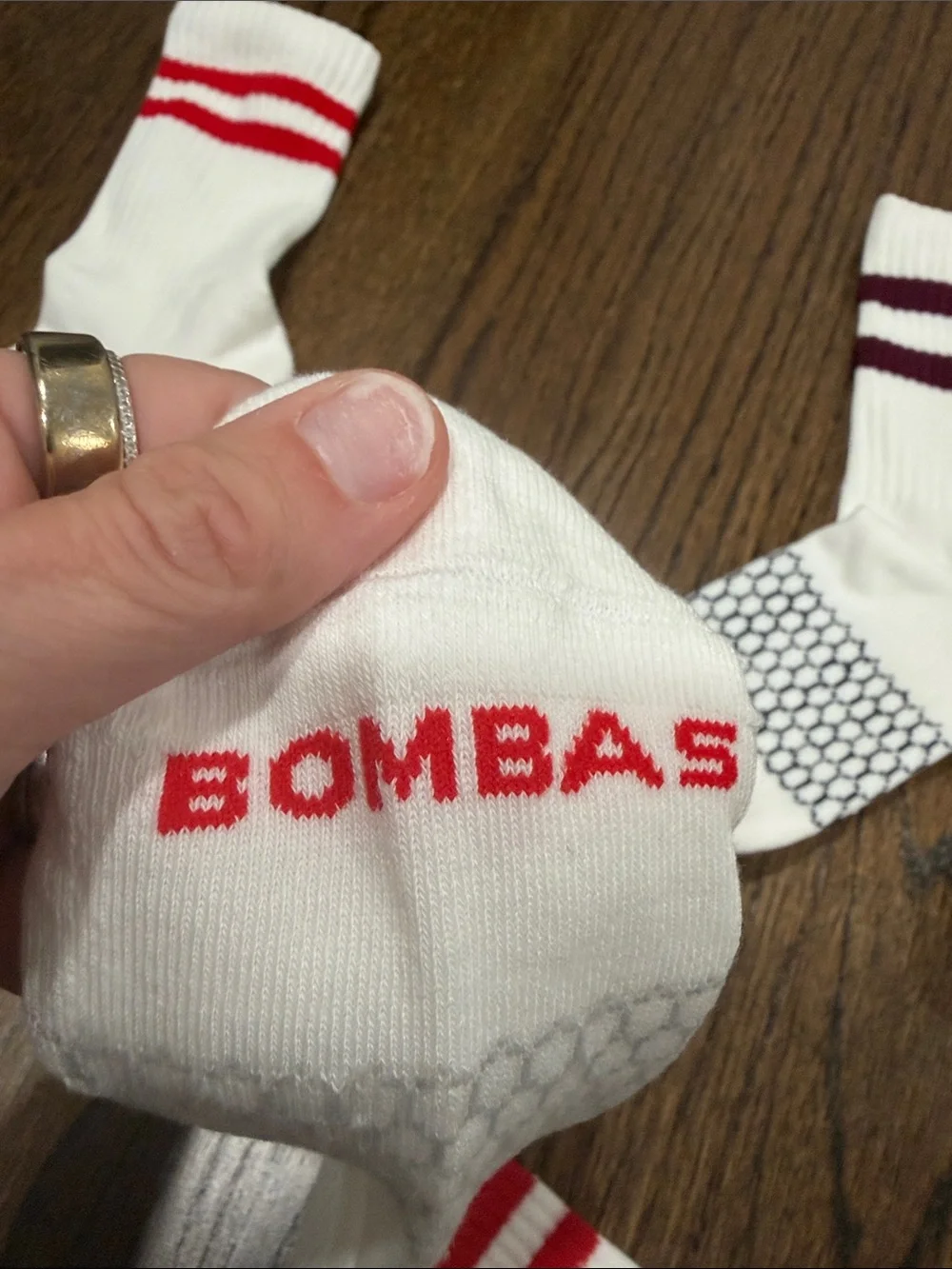 Set of 2 Bombas White Athletic Crew Socks with Red and Burgundy Stripes